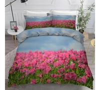 Set Copripiumino Matrimoniale Paesaggio Dei Tulipani, Biancheria da Letto Fiori Rosa in Morbida Microfibra 3D Copri piumino 230x220 con Cerniera e 2 Federe 50x80 cm B-2875