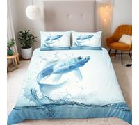 Set Copripiumino Matrimoniale Pesce Blu Biancheria da letto Onde in Morbida Microfibra 3D Parure Copripiumino 260x240 cm con Cerniera e 2 Federe 50x80 cm C.942