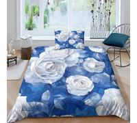 Set Copripiumino Matrimoniale Rose Blu e Bianche Biancheria da letto Piante e Fiori in Morbida Microfibra 3D Parure Copripiumino 250x200 cm con Cerniera e 2 Federe 50x80 cm L.3539