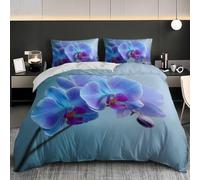 Set Copripiumino Morbida 155x200 cm, 3 Pezzi, con 2 Federe Blu | Semplicità Arte Orchidea Phalaenopsis Microfibra e Traspirante, Ipoallergenico con Cerniera e Adatto a Bambini e Adulti