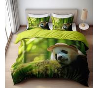 Set Copripiumino morbido Bambina 150 x 220 cm - Copripiumino letto Singolo Bambini in Microfibra 3 Pezzi con 2 Federa e Chiusura a Cerniera Verde Panda Moderno E Carino Con Cappello Di Paglia