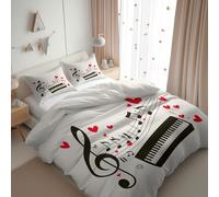Set Copripiumino morbido Coppia 220 x 240 cm - Copripiumino letto Matrimoniale Adulti in Microfibra 3 Pezzi con 2 Federa 50 x 80 cm e Cerniera Bianco Crema Romanticismo Musica Amore Note Musicali
