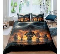 Set copripiumino nautico 3D in stile vintage con vele bianche, nave pirata, cielo, viaggio nel cielo, esplorazione, per bambini, ragazzi e ragazze, motivo oceano, decorativo, 3 pezzi (colore 11