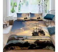 Set copripiumino nautico 3D in stile vintage, vele bianche, nave pirata, cielo, viaggio nel cielo, esplorazione, per bambini, ragazzi e ragazze, motivo oceano, decorativo, 3 pezzi (colore 13, king
