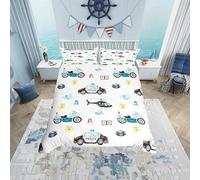 Set copripiumino per bambini con auto della polizia, per letto singolo, 2 pezzi, traspirante, con stampa di poliziotti e moto (1 copripiumino + 1 federa), set copripiumino per bambini con stampa blu,