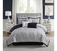 Set copripiumino per letto matrimoniale, collezione completa da 7 pezzi: 1 piumone, 2 federe, 1 mantovana giroletto e 3 cuscini decorativi - Qualità premium, Queen, nero/bianco damascato