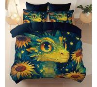 Set Copripiumino Reversibile 3 Pezzi in Microfibra, Blu-Grigio Scuro Stampa Drago Carino Girasoli, Morbido Traspirante con Chiusura Cerniera per Bambini Ragazzi Adulti, 230 x 220 cm