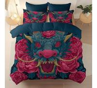 Set Copripiumino Reversibile 3 Pezzi in Microfibra, Blu-Grigio Stampa Drago Cinese Dei Cartoni Animati Rosa, Morbido Traspirante con Chiusura Cerniera per Bambini Ragazzi Adulti, 200 x 200 cm