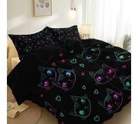 Set Copripiumino Reversibile 3 Pezzi in Microfibra, Nero Stampa Facce Di Gatti Sfumate Dei Cartoni Animati, Morbido e Traspirante con Chiusura a Cerniera per Bambini, Ragazzi e Adulti, 260 x 220 cm