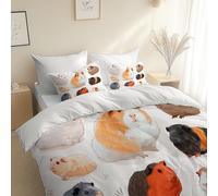 Set Copripiumino Reversibile Microfibra Stampato Porcellino D'India In Stile Cartone Animato, 150 x 220 cm, 2 Federa 50 x 80 cm, Bianco Copripiumino con chiusura lampo, Anallergico