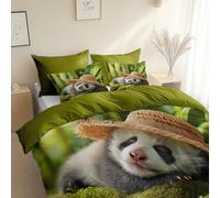 Set Copripiumino Reversibile Microfibra Stampato Stile Fotografico Panda Nella Foresta Di Bambù, 150 x 220 cm, 2 Federa 50 x 80 cm, Verde Militare Copripiumino con chiusura lampo, Anallergico