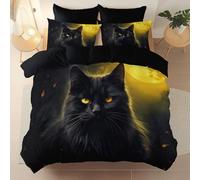 Set Copripiumino Reversibile Nero - Fantasia Animazione Gatto Luna Stampa a Tema Traspirante Microfibra da Letto per Bambini Ragazzi Adulti 135 x 200 cm, Facile da Pulire