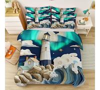 Set Copripiumino Reversibile, Set Biancheria Da Letto Con Arte Del Ritaglio Della Carta: Nuvole Onde Faro - Blu Scuro Copripiumino Morbido Con Cerniera Nascosta Su Entrambi I Lati 240 x 260 cm