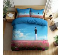 Set Copripiumino Reversibile Stile Anime Campi Di Fiori Faro Set Copripiumino Microfibra 150 x 200 cm 3 Pezzi Set, Blu Morbido e confortevole Biancheria Da Letto Con Cerniera