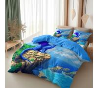 Set Copripiumino Reversibile, Stile Pixel Isola Drago Animale, Blu Biancheria da Letto, Morbida Poliestere Lusso 3 Pezzi Set Per Bambini e Ragazze 220 x 240 cm Copripiumino & 2 Federe 50 x 80 cm