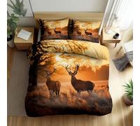 Set Copripiumino Scenario Naturale Campi All'Alba Cervi 3 pezzi Stampa Copripiumone, 1 x Copripiumino 150 x 200 cm e 2 x Federe 50 x 80 cm, Giallo Biancheria da Letto in Morbida Microfibra