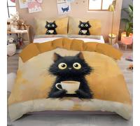 Set Copripiumino separare, Copripiumino Matrimoniale 2 Pezzi in Microfibra Con Animali dei cartoni animati Black Cat Holding Coffee, Comprendente 1 Copripiuminos 135x200cm + 1 Federe, Rosso chiaro