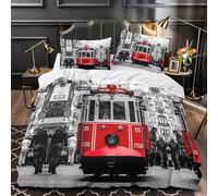 Set Copripiumino Singolo 120x200 cm Tram Rosso Stampa 3D Biancheria da letto Strade Cittadine in Morbido Microfibra 3 Pezzi 1 Copri Piumino e 2 Federe con Cerniera C-1479