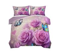 Set copripiumino singolo (135 x 200 cm), romantico motivo floreale in microfibra, reversibile, per bambini, ragazzi e adulti, colore viola chiaro, con 2 federe, cerniera nascosta