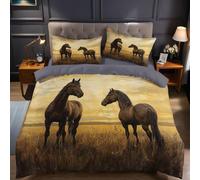 Set Copripiumino Singolo 135x200 cm Animali cavalli e praterie Stampa 3D Microfibra, 1 Copripiumino + 2 Federe 50x80 cm per Bambini e Adulti