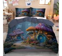 Set Copripiumino Singolo 135X200Cm Casa Forma Fungo Da Sogno In 3D, Set Di Biancheria Da Letto Foresta Delle Fiabe In Morbida Microfibra Stampa 3D Verde Scuro, Copripiumino Con Cerniera E Federe