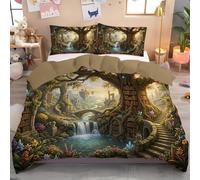 Set Copripiumino Singolo 135x200cm, Sacco Piumone Albero Magico Con Libreria Set di Biancheria Da Letto Fiaba Fantastica Sacco Copri Piumino Morbida, Traspirante con Federe, Marrone