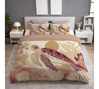 Set Copripiumino Singolo 140 x 200 cm 2 Pezzi + 1 Federa 50 x 80 cm, Completo Copripiumino in Microfibra, Delicata sulla Pelle, Reversibile, Marrone chiaro, Stile Pastorale Tartaruga Marina Pianta