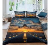 Set Copripiumino Singolo 140x200 cm Aereo Passeggeri Stampa 3D Biancheria da letto Tramonto in Morbido Microfibra 3 Pezzi 1 Copri Piumino e 2 Federe con Cerniera C-1760