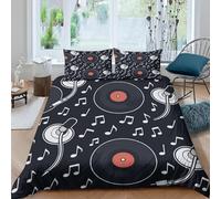 Set Copripiumino Singolo 150x200 cm Disco in Vinile Biancheria da Letto Note Musicali in Morbido Microfibra 3 Pezzi 1 Copripiumino e 2 Federe 50x80 cm con Cerniera A/2708