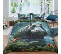 Set Copripiumino Singolo 150x200 cm Ippopotamo Biancheria da Letto Zone Umide in Morbido Microfibra 3 Pezzi 1 Copripiumino e 2 Federe 50x80 cm con Cerniera G/1400