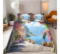 Set Copripiumino Singolo 150x200 cm Oceano Tropicale Delle Hawaii Set di Biancheria da Letto in Microfibra Architettura Europea 3D Copripiumini Blu con Chiusura a Cerniera e 2 Federe 50x80 cm E-1005