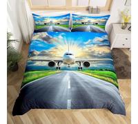 Set Copripiumino Singolo 150x200 cm Tema del Volo Set di Biancheria da Letto in Microfibra Pista 3D Copripiumini Grigio e Verde con Chiusura a Cerniera e 2 Federe 50x80 cm E-1707