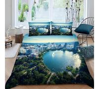 Set Copripiumino Singolo 150x200 Lago Biancheria da Letto 3 Pezzi Architettura Urbana 3D Stampa Microfibra Copripiumino con Cerniera e 2 Federa, 50x80cm b.752