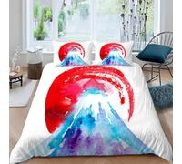 Set Copripiumino Singolo 155x200 cm Sole Rosso Sul Monte Fuji Set di Biancheria da Letto in Morbido Traspirante Microfibra 3D Stile Acquerello con Copripiumino e 2 Federe 50x80 cm B-2828