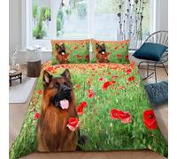 Set Copripiumino Singolo 155x220 cm Pastore Tedesco Biancheria da Letto Fiori Rossi in Morbido Microfibra 3 Pezzi 1 Copripiumino e 2 Federe 50x80 cm con Cerniera i-2787