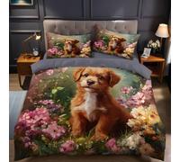 Set Copripiumino Singolo 200x200 cm Animali Fiori Cuccioli Microfibra Morbida Stampa 3D, 1 Copripiumino + 2 Federe 50x80 cm per Bambini e Adulti