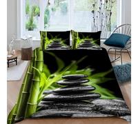 Set Copripiumino Singolo Asia Orientale, Biancheria da Letto Bambù Verde e Pietra Nera in Morbida Microfibra 3D Copri piumino 155x220 con Cerniera e 2 Federe 50x80 cm A-6737