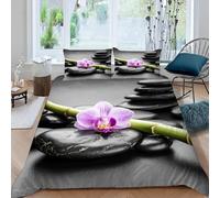 Set Copripiumino Singolo Bambù e Orchidee, Biancheria da Letto Pietra Nera in Morbida Microfibra 3D Copri piumino 155x220 con Cerniera e 2 Federe 50x80 cm A-6177