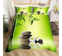 Set Copripiumino Singolo Bambù Verde, Biancheria da Letto Pietre e Fiori in Morbida Microfibra 3D Copri piumino 155x220 con Cerniera e 2 Federe 50x80 cm A-6779