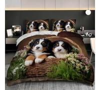 Set Copripiumino Singolo Cane Carino Biancheria da letto Cesto di Fiori in Morbida Microfibra 3D Parure Copripiumino 135x200 cm con Cerniera e 2 Federe 50x80 cm F.554