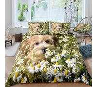 Set Copripiumino Singolo Cane Carino Biancheria da letto Margherite in Morbida Microfibra 3D Parure Copripiumino 155x200 cm con Cerniera e 2 Federe 50x80 cm E.2955