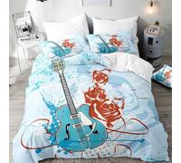 Set Copripiumino Singolo Chitarra Blu Biancheria da letto Tema Musicale in Morbida Microfibra 3D Parure Copripiumino 155x200 cm con Cerniera e 2 Federe 50x80 cm E.855