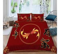 Set Copripiumino Singolo Cinese, Copripiumino Reversibile Rosso in Morbida Microfibra Stampato 3D, Biancheria da Letto 140x200 Caratteri Cinesi 2 Pezzi con Federe b2059