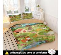 Set copripiumino singolo con motivo animali della fattoria, colore rosa, con motivo cartone animato con fienile e piccolo contadino, in morbida microfibra, con 2 federe (stile 1, king size 240 x 220