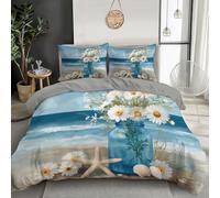 Set Copripiumino Singolo Copripiumino 2 Pezzi In Microfibra Con Vaso In Vetro Blu Con Elementi A Forma Margherita,Scena Spiaggia Comprendente 1 Copripiuminos 140X200Cm+1 Federe,Azzurro Chiaro