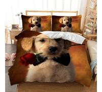 Set Copripiumino Singolo Cucciolo Carino Biancheria da letto Rose Rosse in Morbida Microfibra 3D Parure Copripiumino 155x200 cm con Cerniera e 2 Federe 50x80 cm E.3069