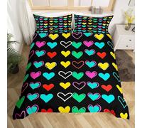 Set Copripiumino Singolo Cuori Colorati in Morbida Microfibra, Set Biancheria da Letto Nero - Sacco Piumino 150x200 Double Face Stampato in 3D e 2 Federe M/3334