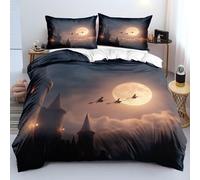 Set Copripiumino Singolo di Halloween - Set di Biancheria da Letto Before Christmas per Bambini, Ragazzi e Adulti con Stampa di Castello di Streghe e Vampiri Volanti, Copripiumino Scuro con Federa, C