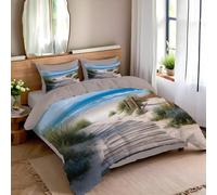 Set Copripiumino Singolo Dune Di Sabbia E Il Mare Copri Piumone Passeggiata Estiva Sulla Spiaggia Biancheria da letto reversibile Morbido Resistente e Lavabile con 1 Federe, 135x200cm, Blu-Marrone