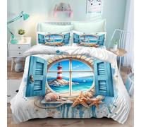 Set Copripiumino Singolo Faro Sull'oceano Biancheria da letto Blu in Morbida Microfibra 3D Parure Copripiumino 135x200 cm con Cerniera e 2 Federe 50x80 cm E.2372